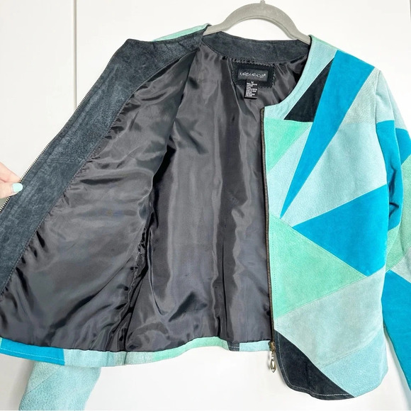 Vintage Y2K Karen Arnold Suede Jacket Blue Green Patchwork Size Medium Zip Front - Picture 4 of 8